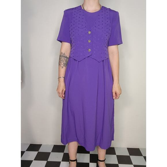 Vtg 80s 90s Leslie Fay NWT Purple Vest Button Up Coquette Tie in Back Dress - Picture 3 of 9